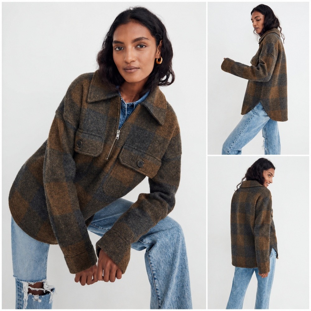 Madewell Boiled Wool Half Zip Popover Sweater Buffalo Check Size S Cabincore